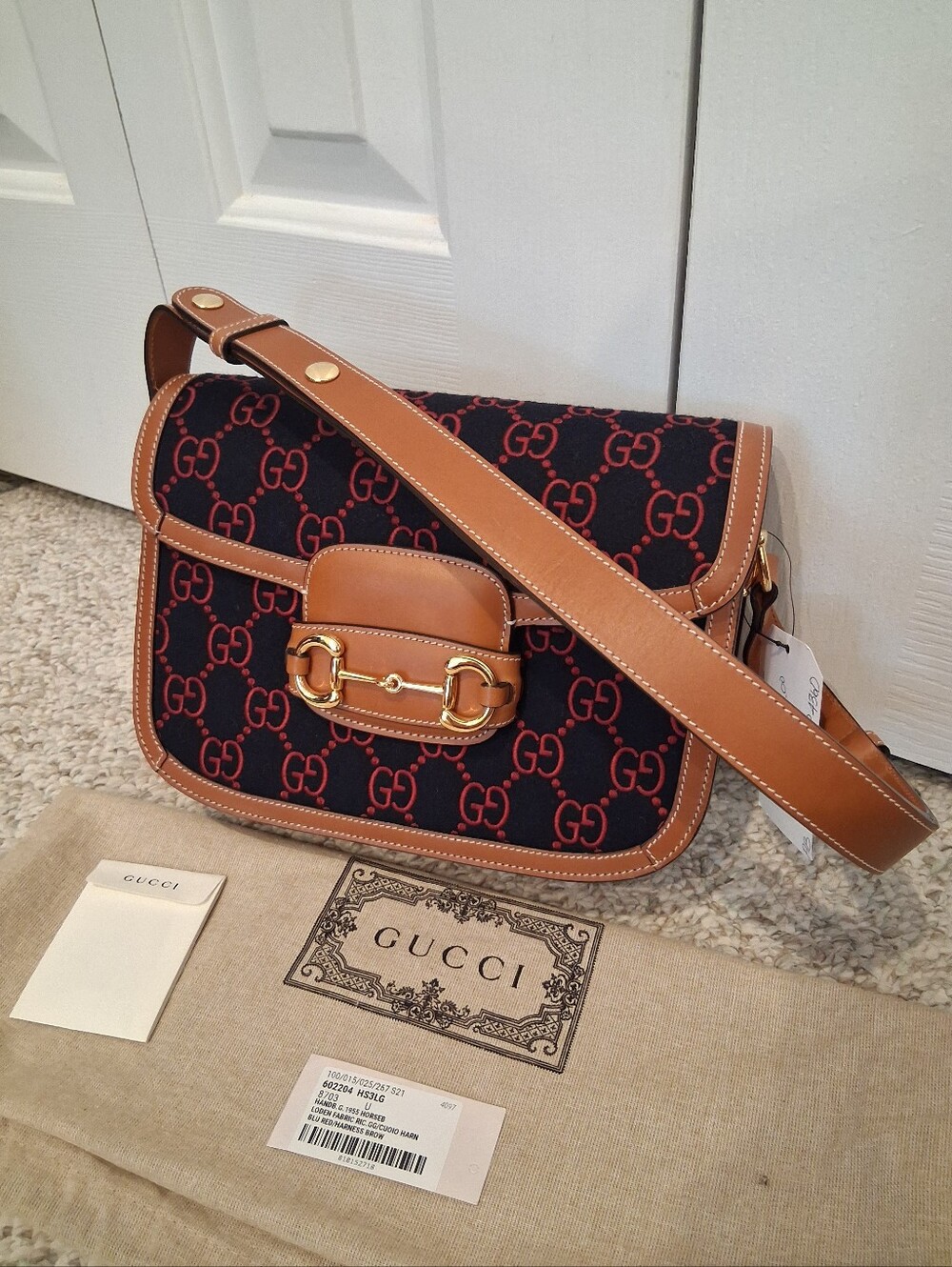 NEW! Gucci Horsebit 1955 Wool Felt Crossbody with Red GG Web Monogram